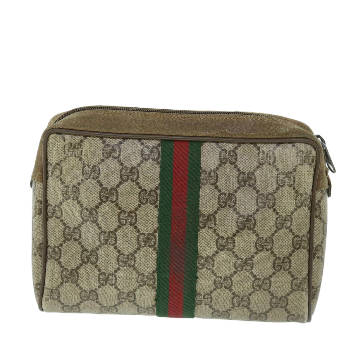 GUCCI GG Canvas Web Sherry Line Clutch Bag PVC Leather Beige Green Auth 54882 - 0