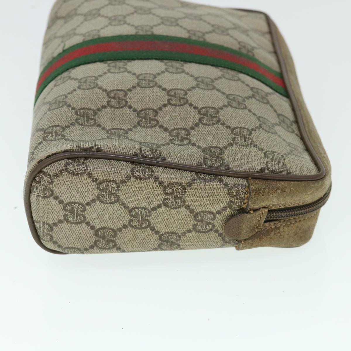 GUCCI GG Canvas Web Sherry Line Clutch Bag PVC Leather Beige Green Auth 54882