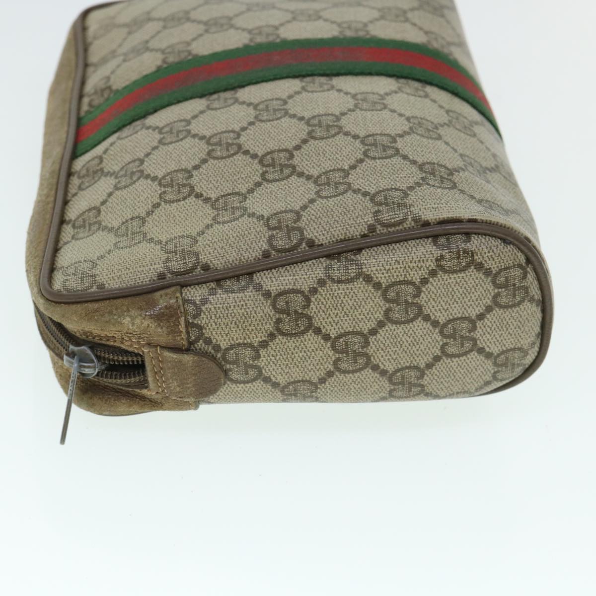 GUCCI GG Canvas Web Sherry Line Clutch Bag PVC Leather Beige Green Auth 54882