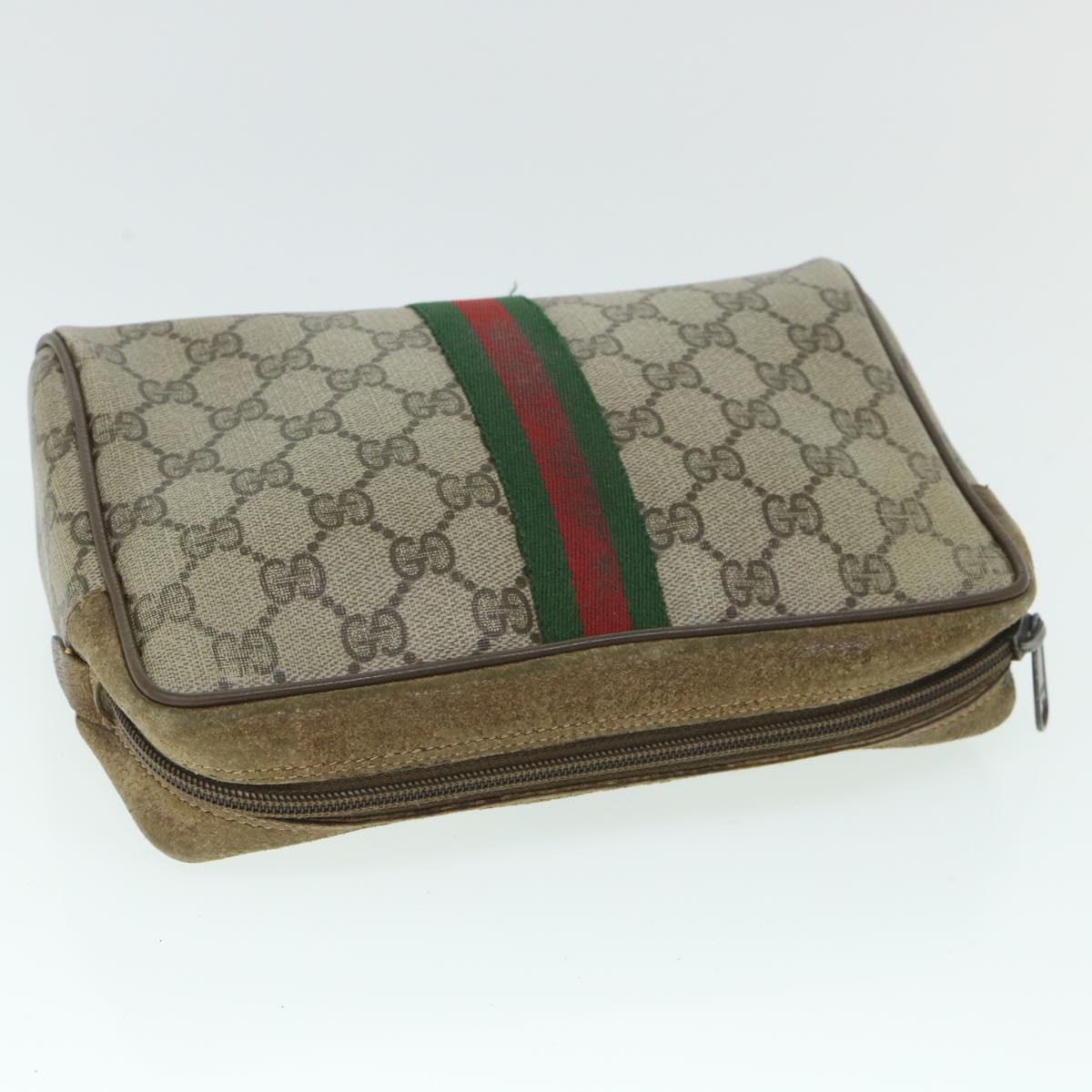 GUCCI GG Canvas Web Sherry Line Clutch Bag PVC Leather Beige Green Auth 54882