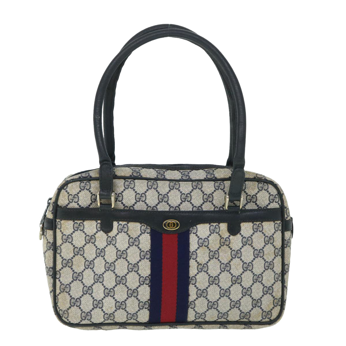 GUCCI GG Canvas Sherry Line Hand Bag PVC Leather Navy Red Auth 54884