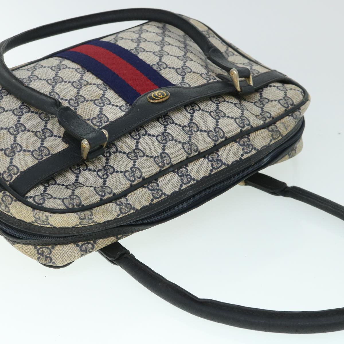 GUCCI GG Canvas Sherry Line Hand Bag PVC Leather Navy Red Auth 54884