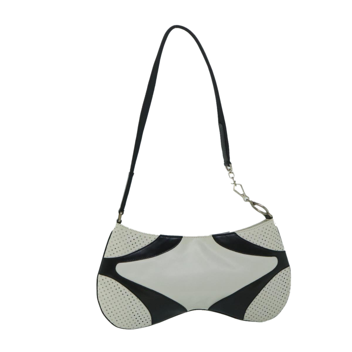 PRADA Punching Shoulder Bag Leather Black White Auth 54897