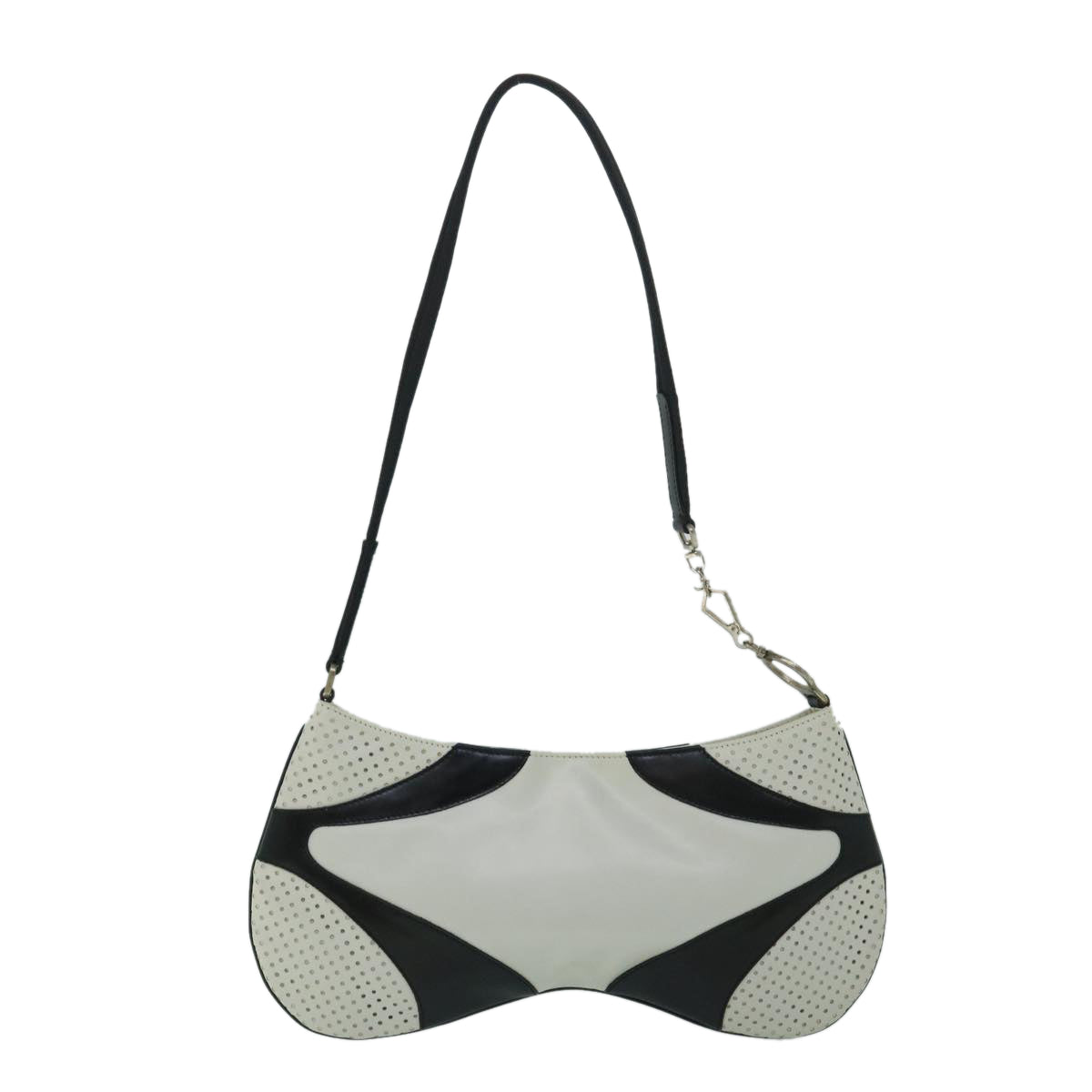 PRADA Punching Shoulder Bag Leather Black White Auth 54897