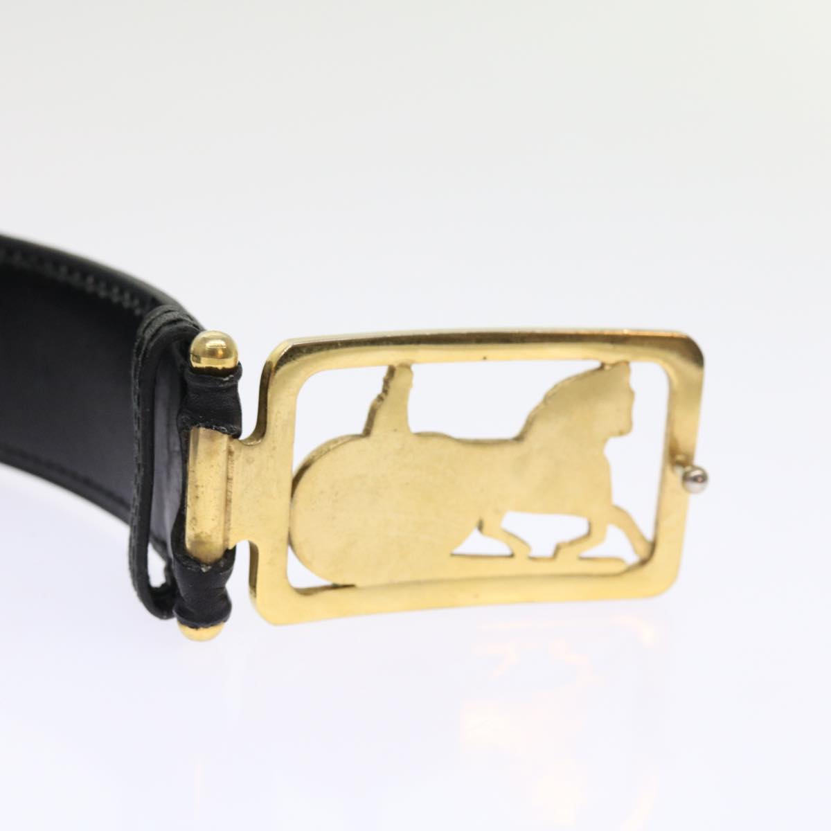 CELINE Horse Carriage Belt Leather 35.4""-37.8"" Black Gold Auth 54945