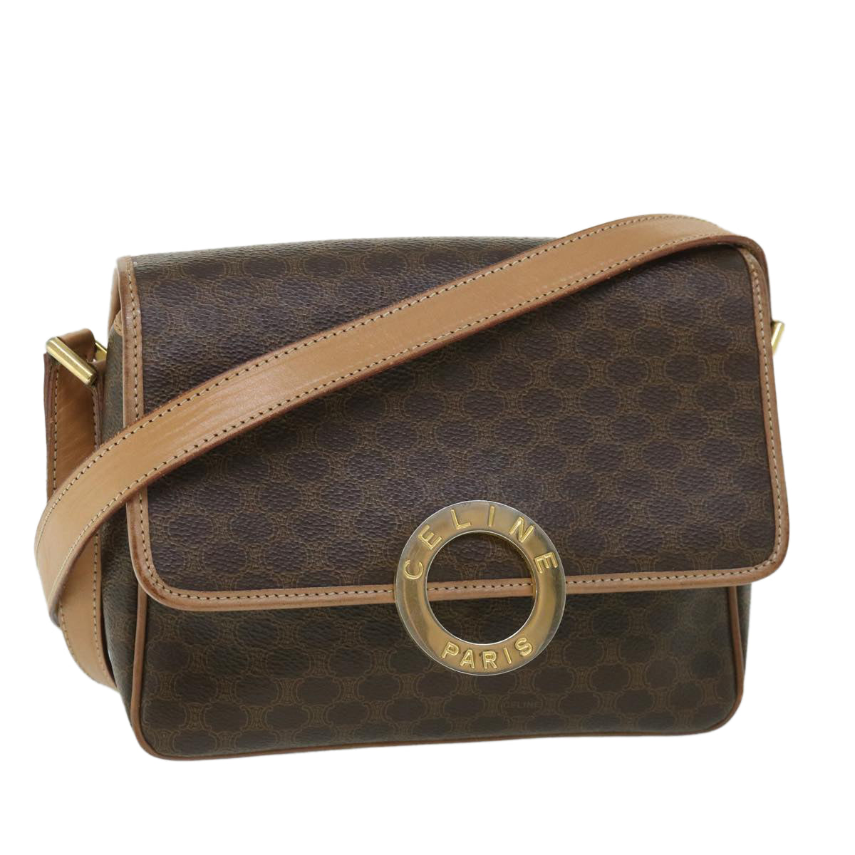 CELINE Macadam Canvas Shoulder Bag PVC Leather Brown Auth 54959