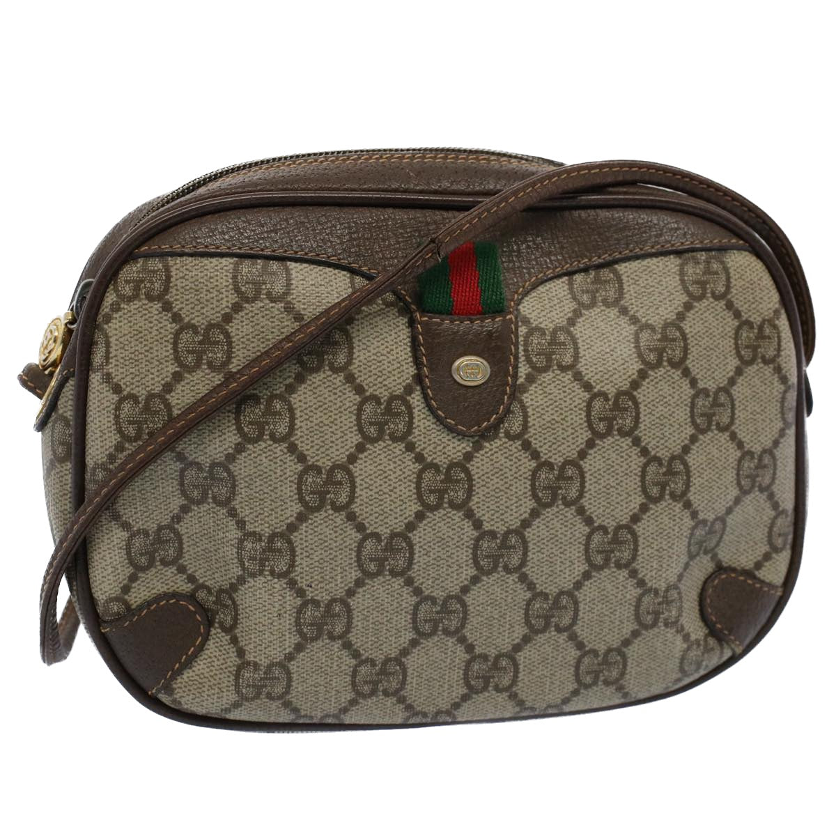 GUCCI GG Supreme Web Sherry Line Shoulder Bag Beige Red 156 02 066 Auth 55055