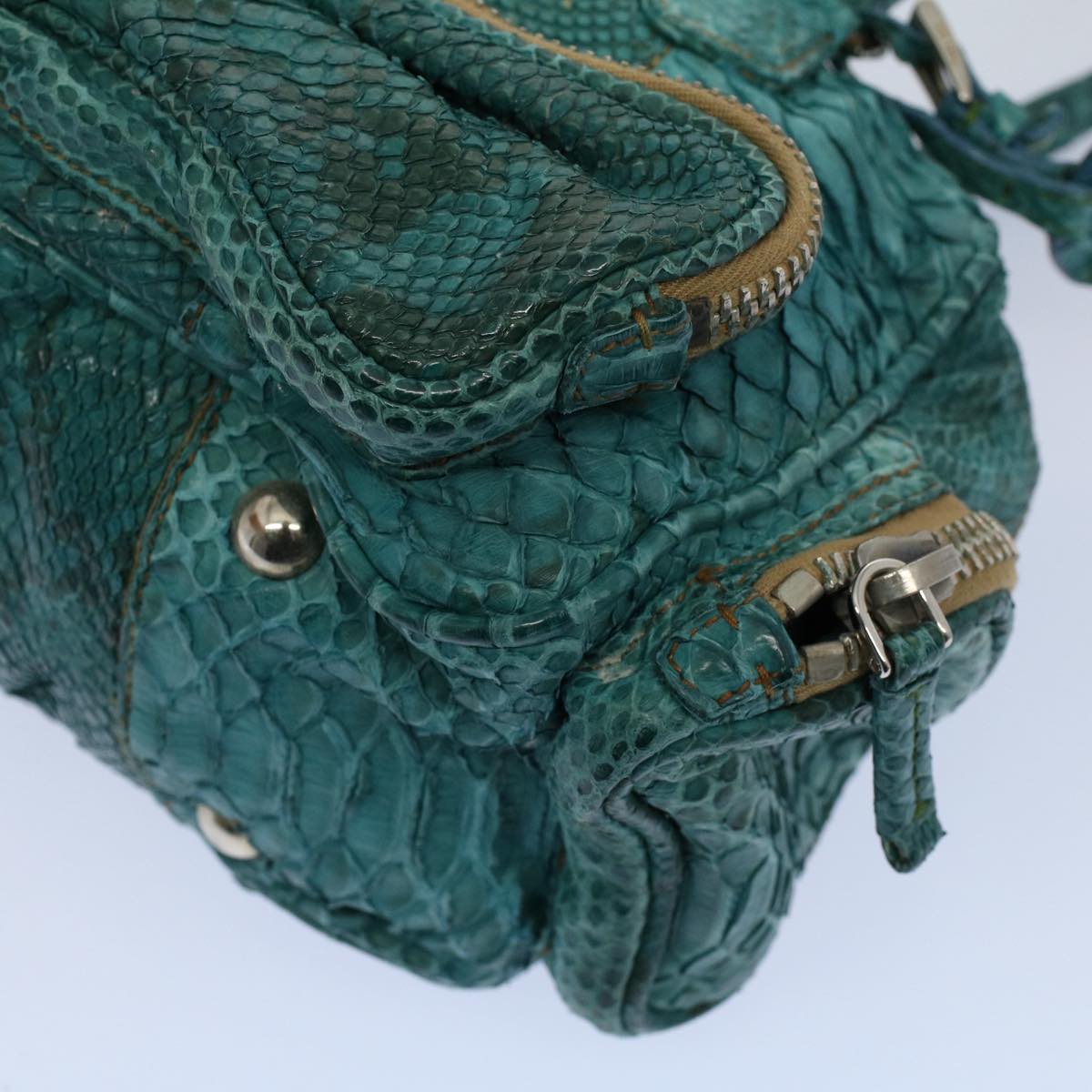 PRADA Snake pattern Hand Bag Exotic leather Turquoise Blue Auth 55080
