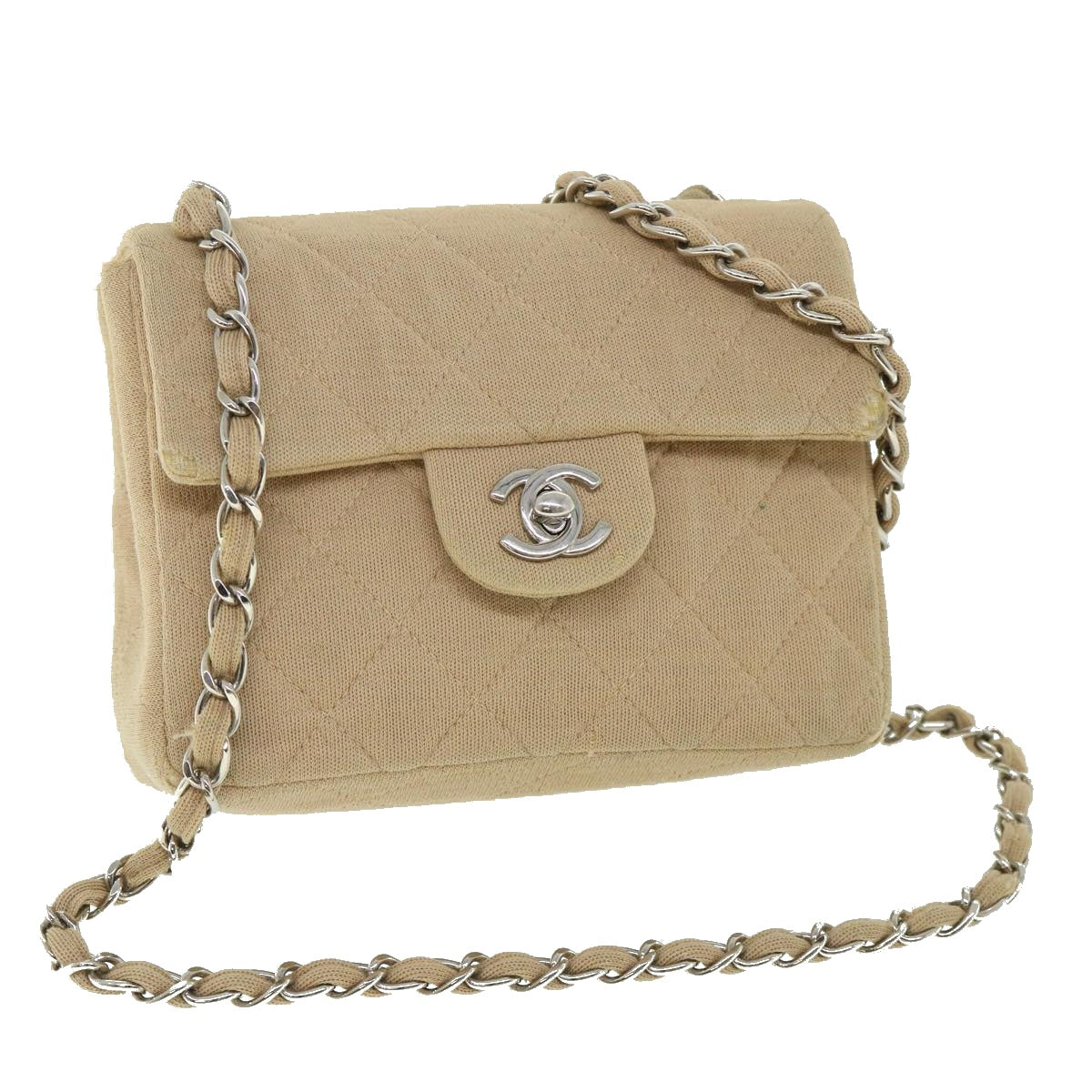 CHANEL Mini Matelasse Shoulder Bag Canvas Beige CC Auth 55289