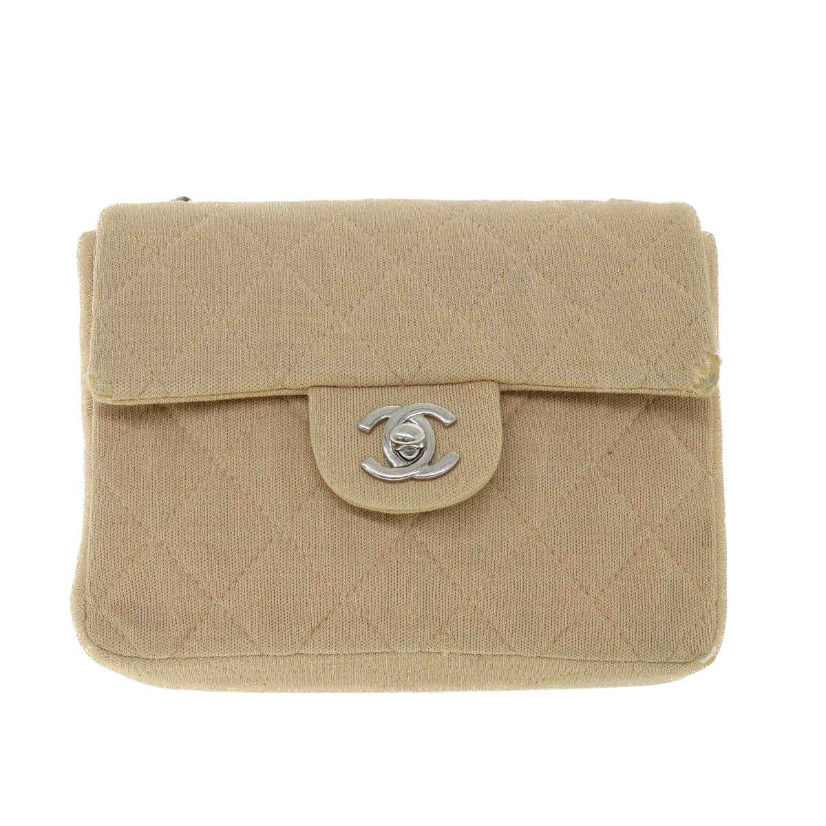 CHANEL Mini Matelasse Shoulder Bag Canvas Beige CC Auth 55289