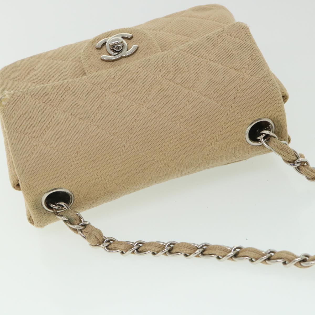 CHANEL Mini Matelasse Shoulder Bag Canvas Beige CC Auth 55289