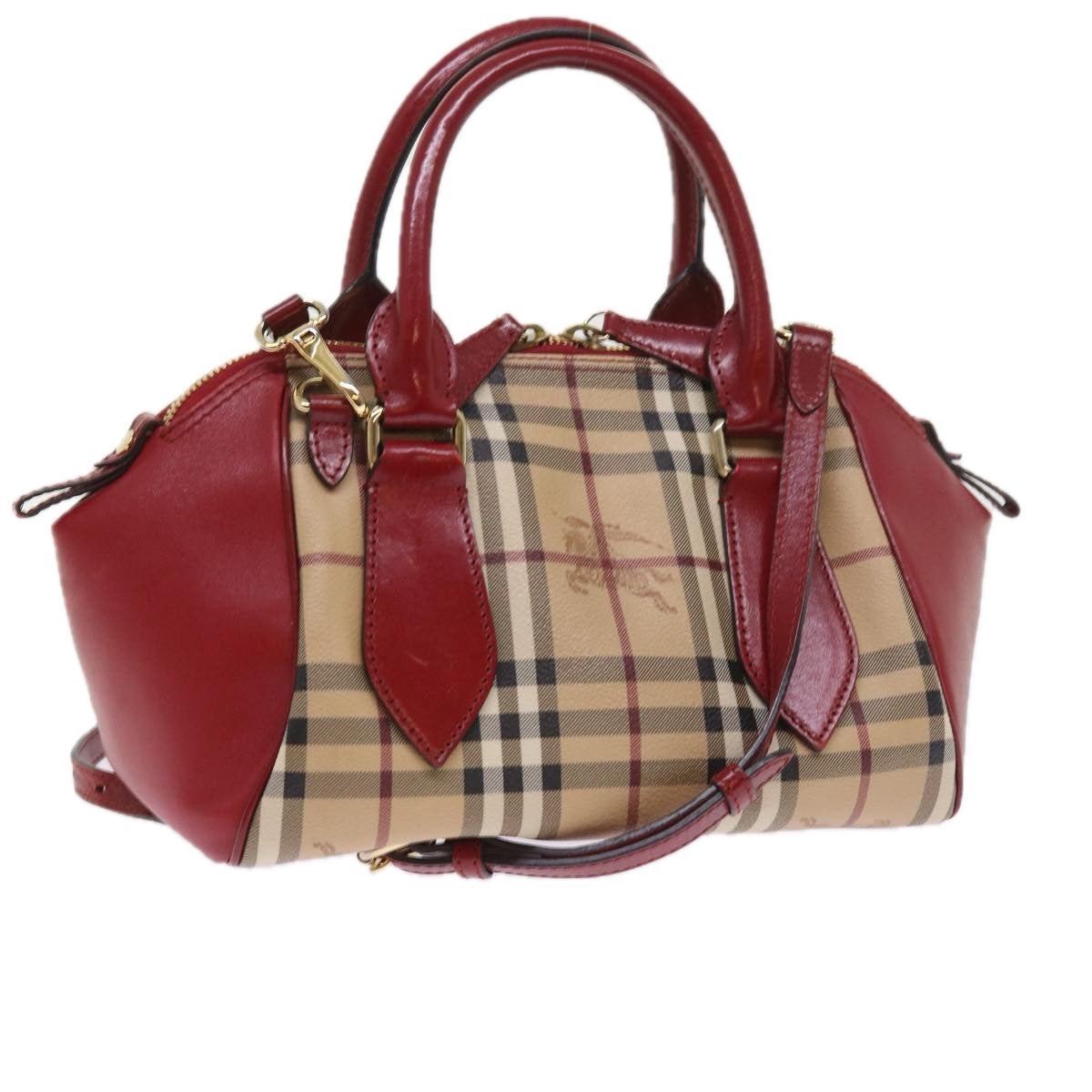 BURBERRY Nova Check Hand Bag PVC Leather 2way Beige Red Auth 55411