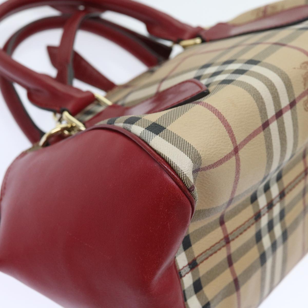 BURBERRY Nova Check Hand Bag PVC Leather 2way Beige Red Auth 55411