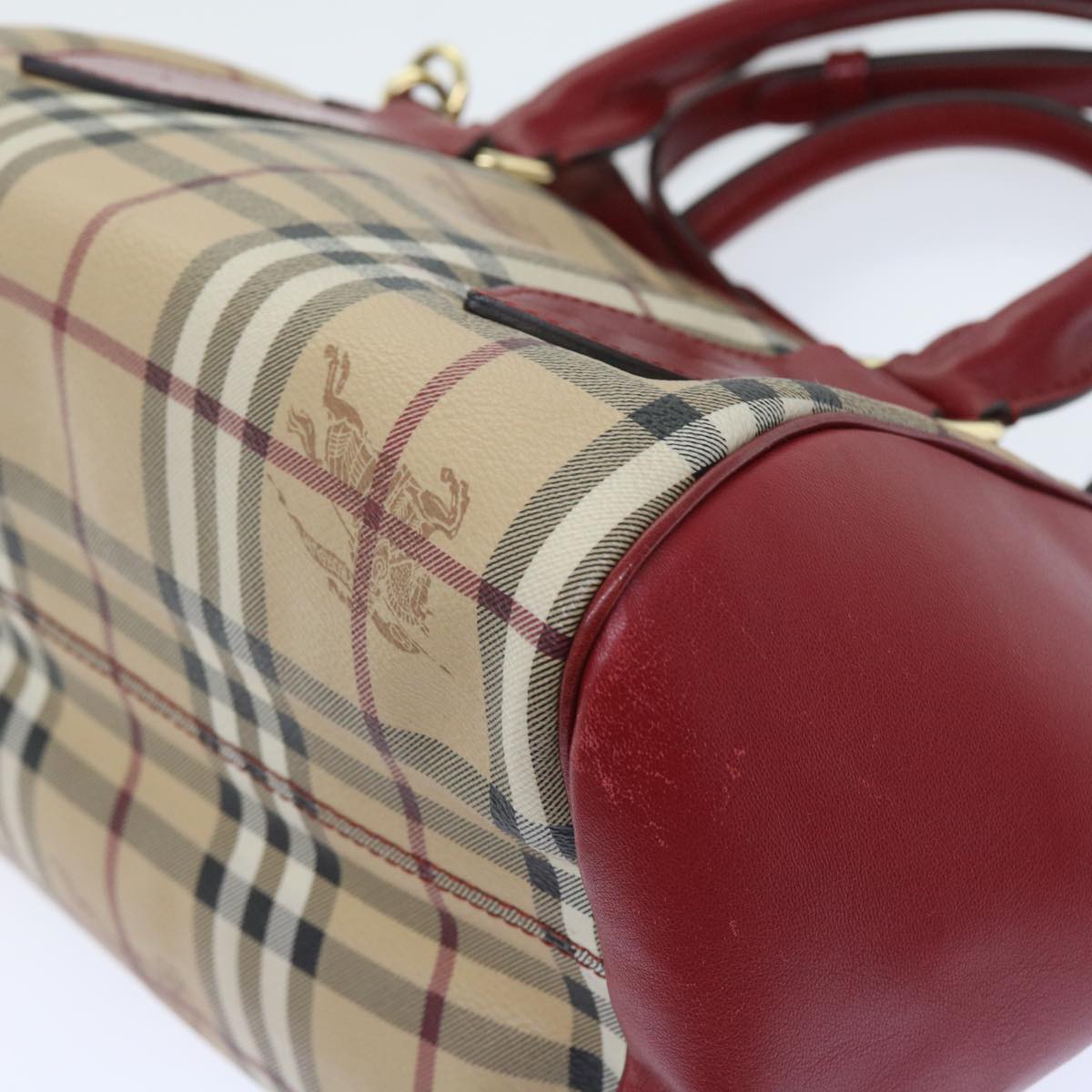 BURBERRY Nova Check Hand Bag PVC Leather 2way Beige Red Auth 55411