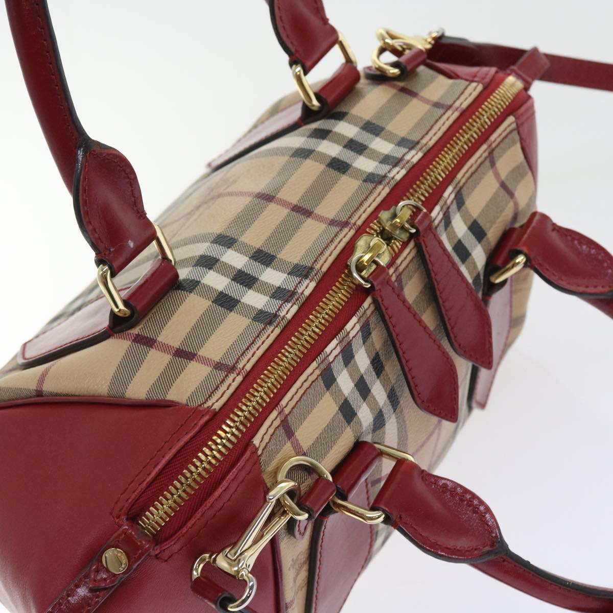 BURBERRY Nova Check Hand Bag PVC Leather 2way Beige Red Auth 55411