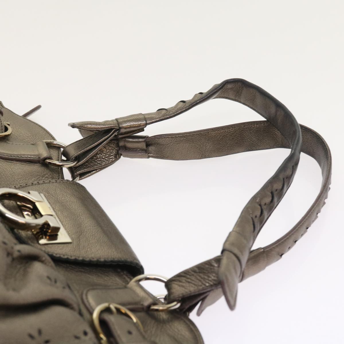 Salvatore Ferragamo Gancini Hand Bag Leather Silver Auth 55419