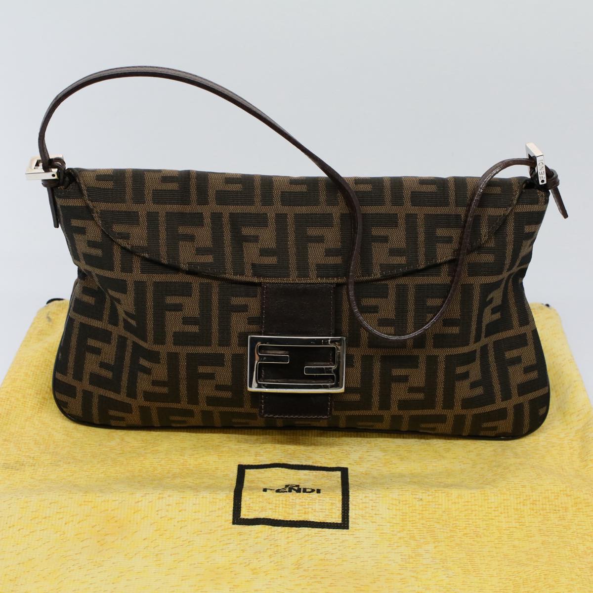 FENDI Zucca Canvas Mamma Baguette Shoulder Bag Black Brown Auth 55429