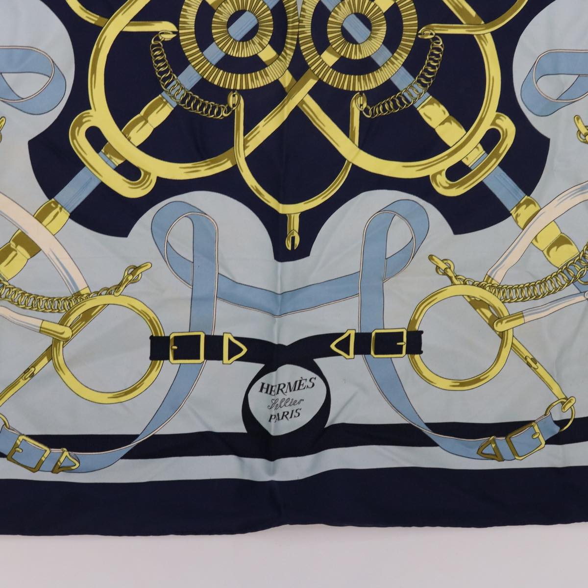 HERMES Carre 90 Eperon d’or Scarf Silk Navy Auth 55442
