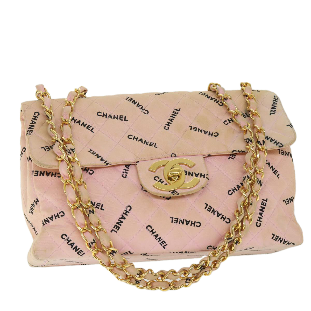 CHANEL Big Matelasse Chain Shoulder Bag Canvas Pink CC Auth 55578