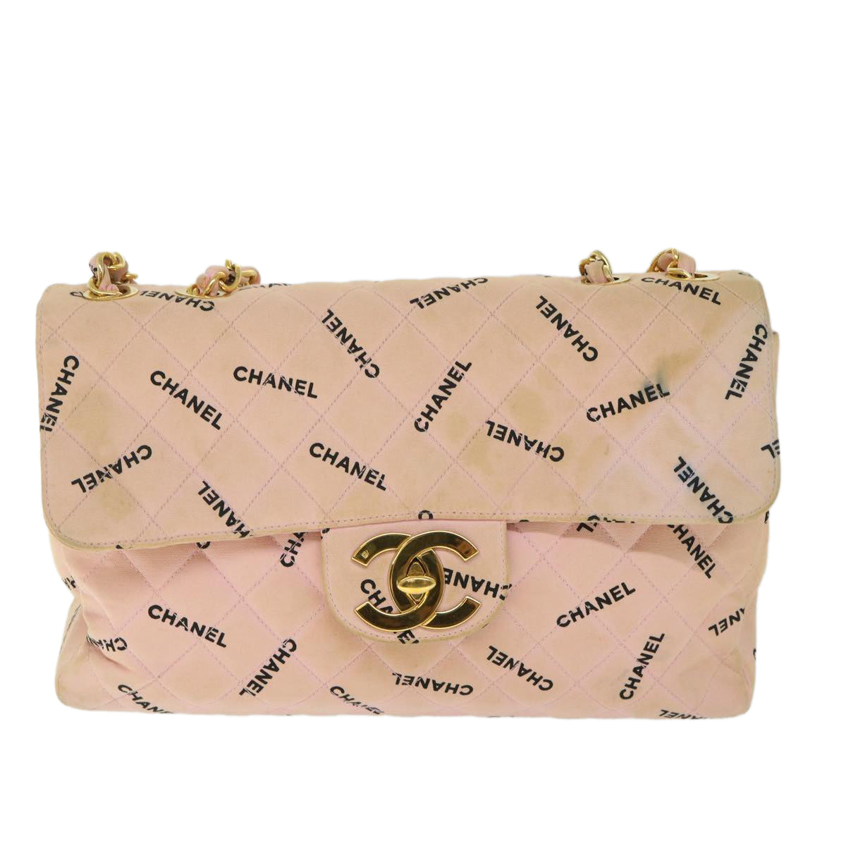 CHANEL Big Matelasse Chain Shoulder Bag Canvas Pink CC Auth 55578