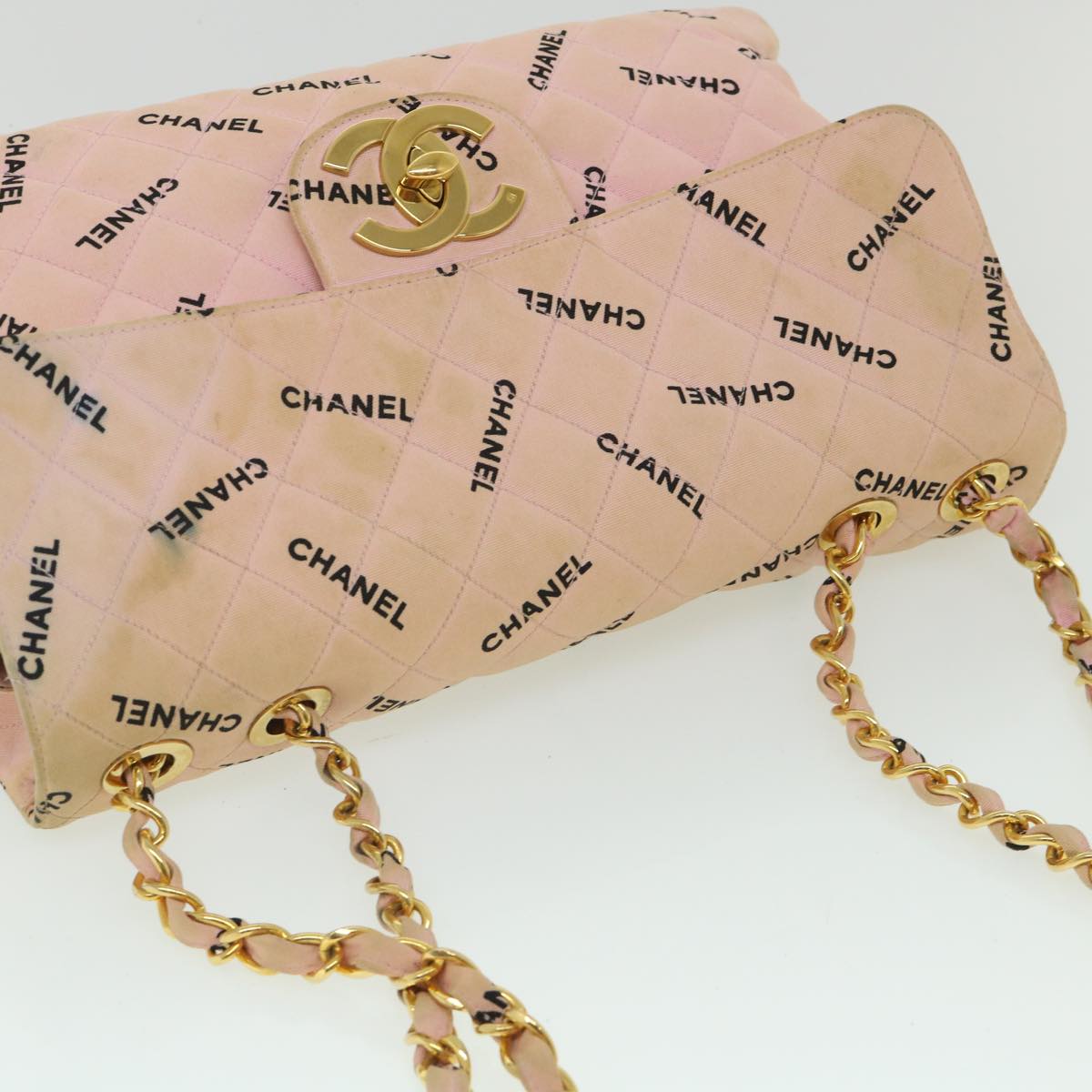 CHANEL Big Matelasse Chain Shoulder Bag Canvas Pink CC Auth 55578