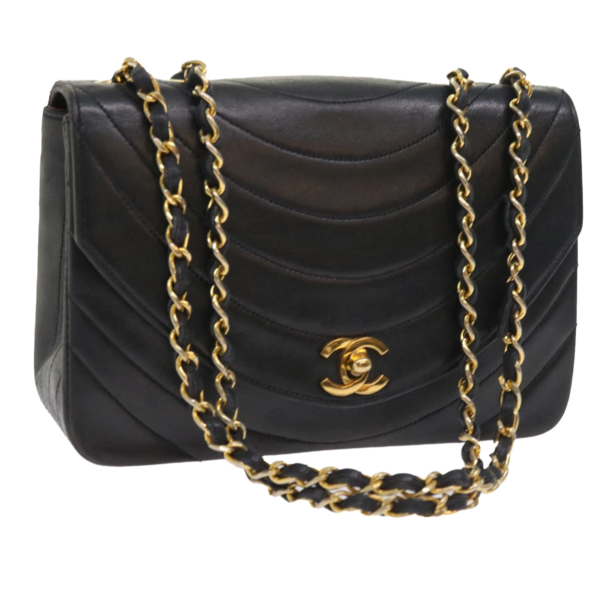 CHANEL Mademoiselle Chain Shoulder Bag Lamb Skin Black CC Auth 55600A