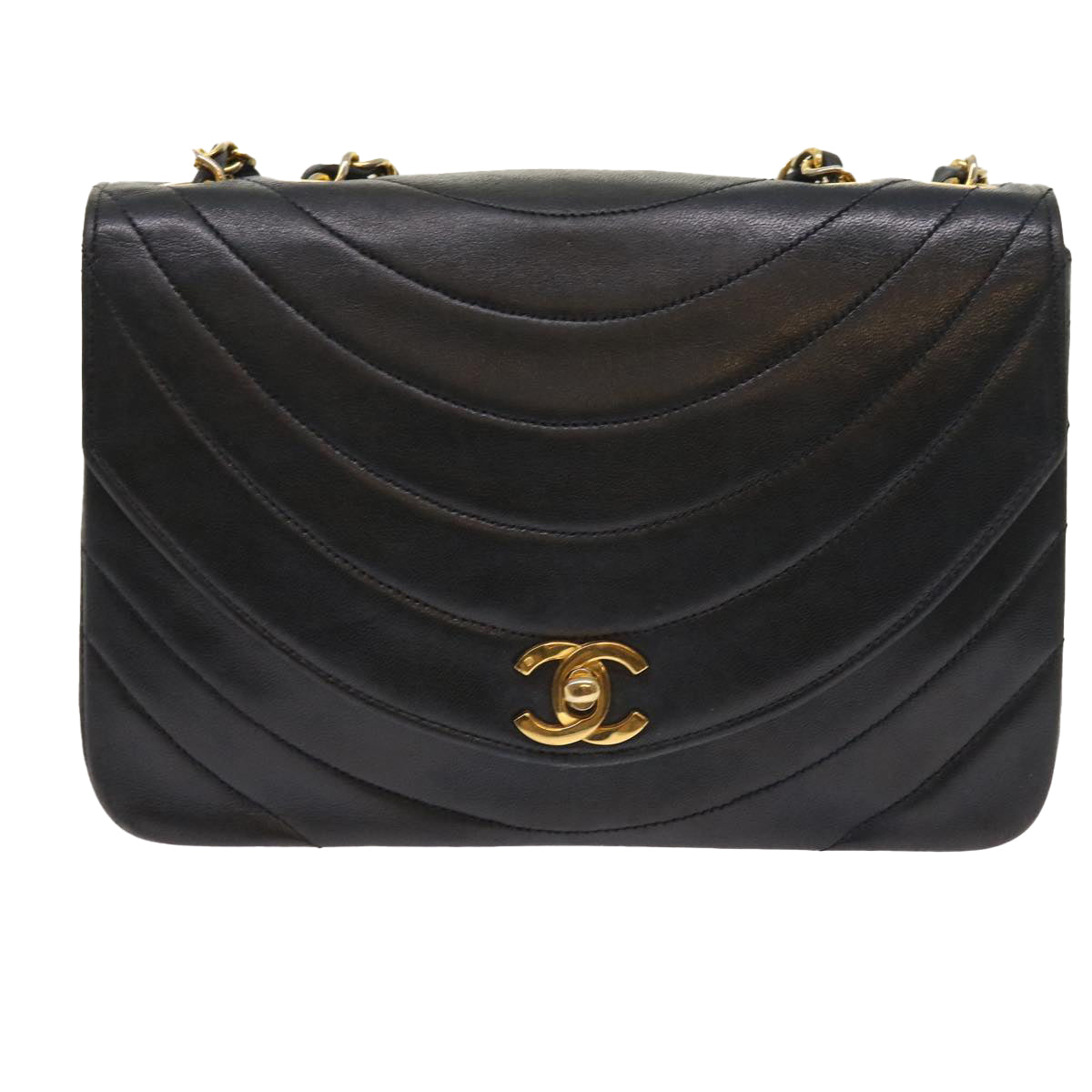 CHANEL Mademoiselle Chain Shoulder Bag Lamb Skin Black CC Auth 55600A