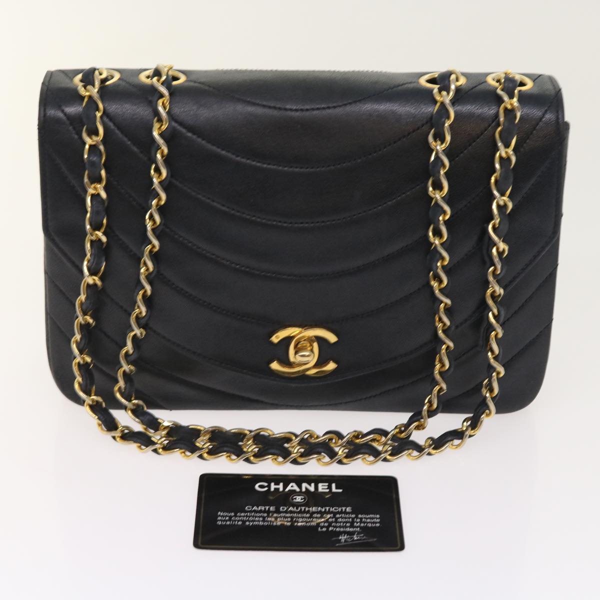 CHANEL Mademoiselle Chain Shoulder Bag Lamb Skin Black CC Auth 55600A