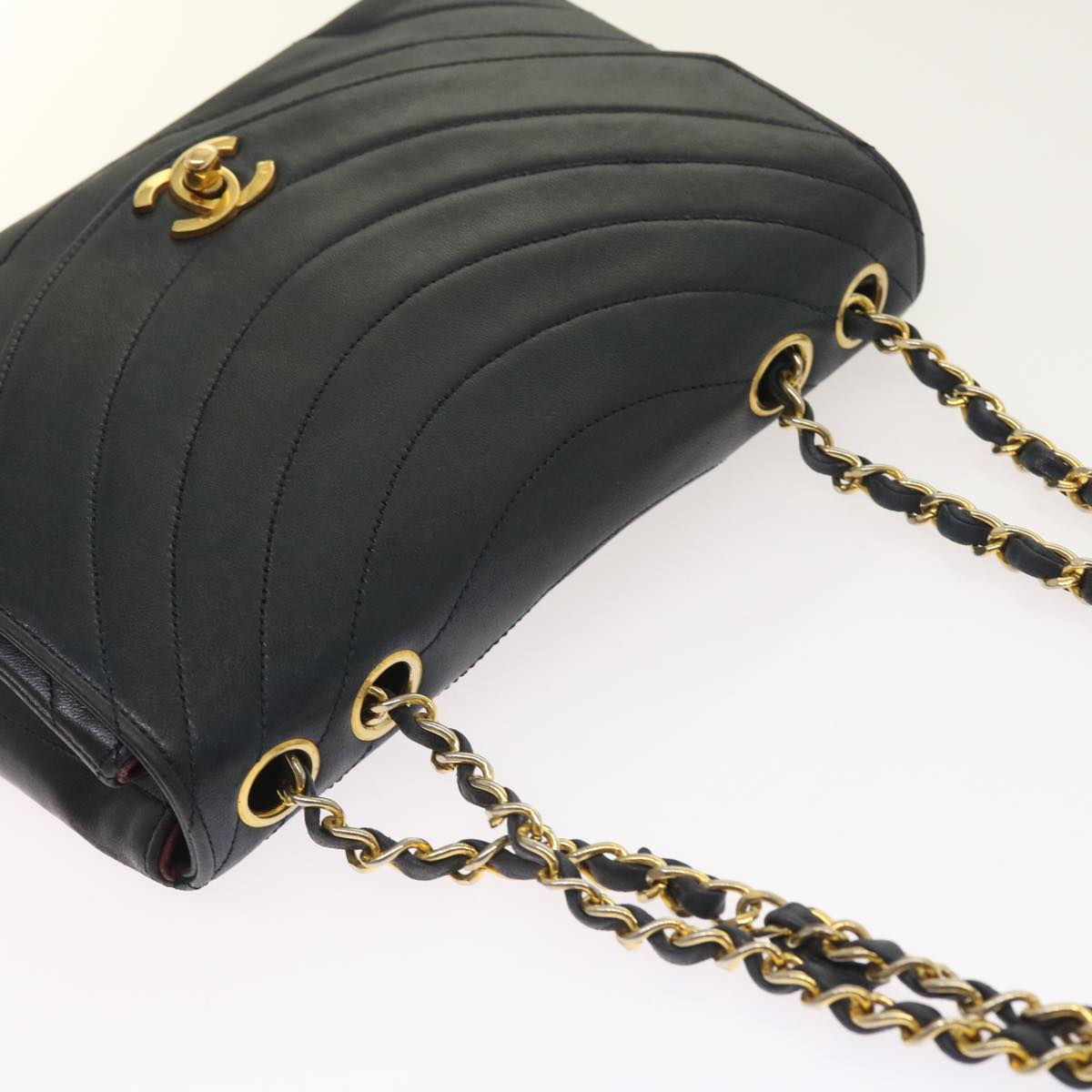 CHANEL Mademoiselle Chain Shoulder Bag Lamb Skin Black CC Auth 55600A