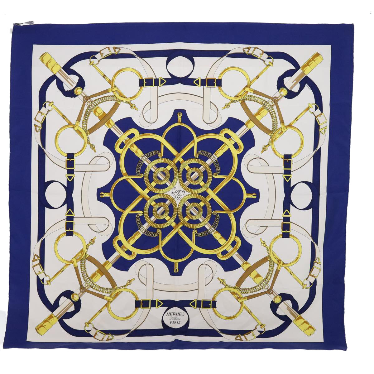 HERMES Carre 90 EPERON D'OR Scarf Silk Blue White Auth 55607