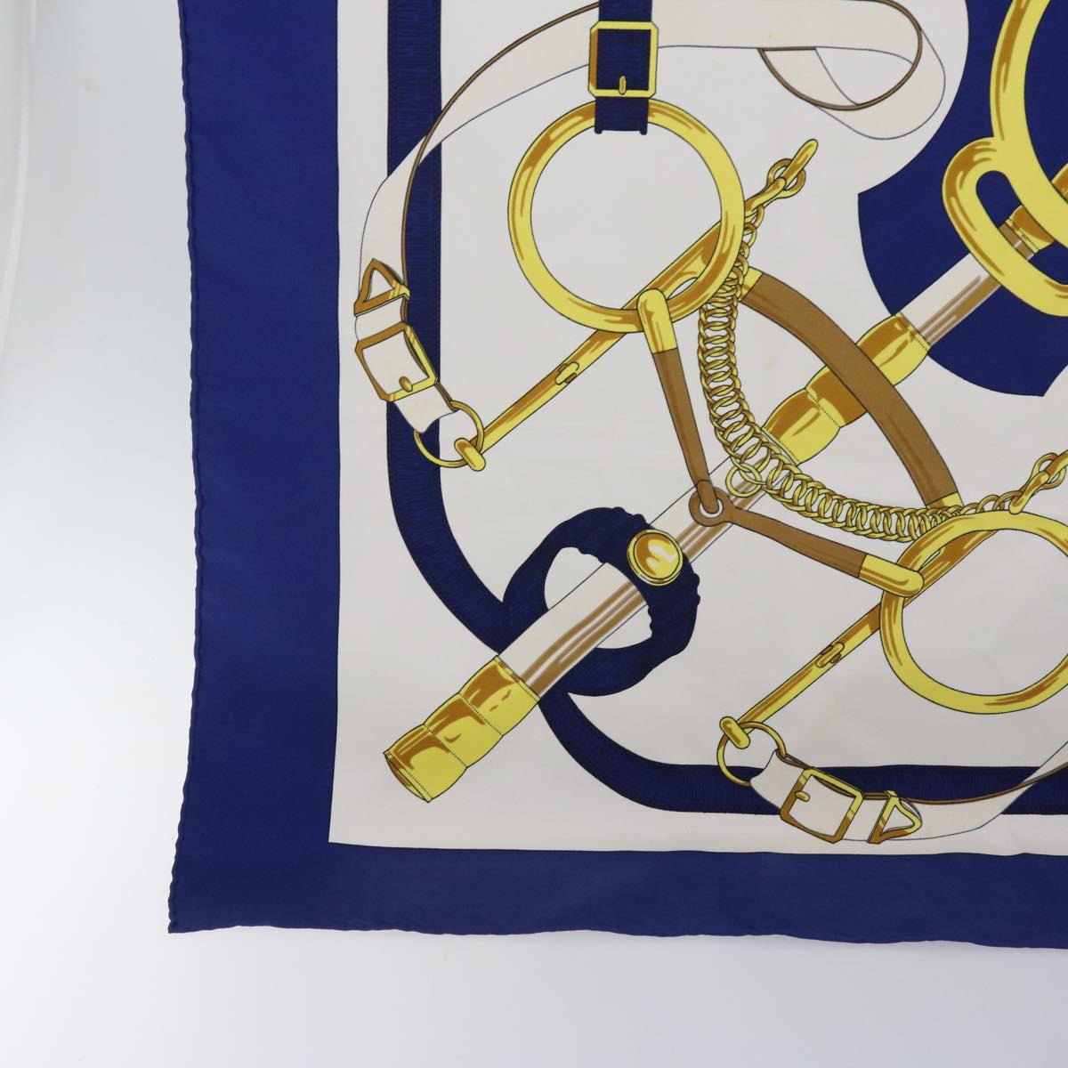 HERMES Carre 90 EPERON D'OR Scarf Silk Blue White Auth 55607