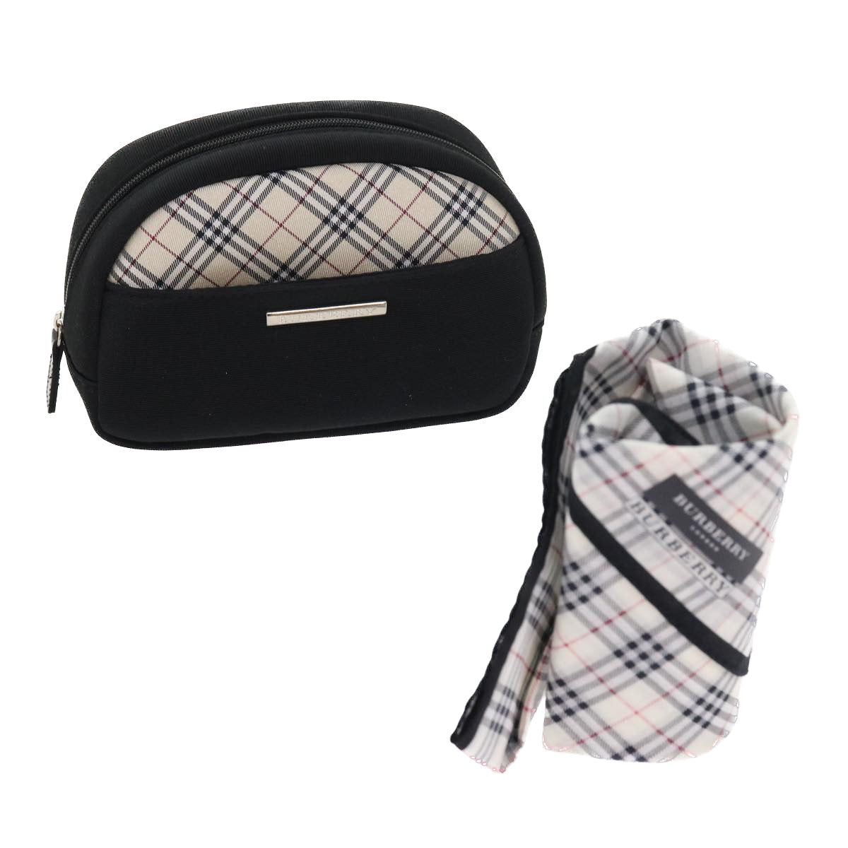 BURBERRY Nova Check Handkerchief Pouch Nylon 2Set Black Beige Auth 55616