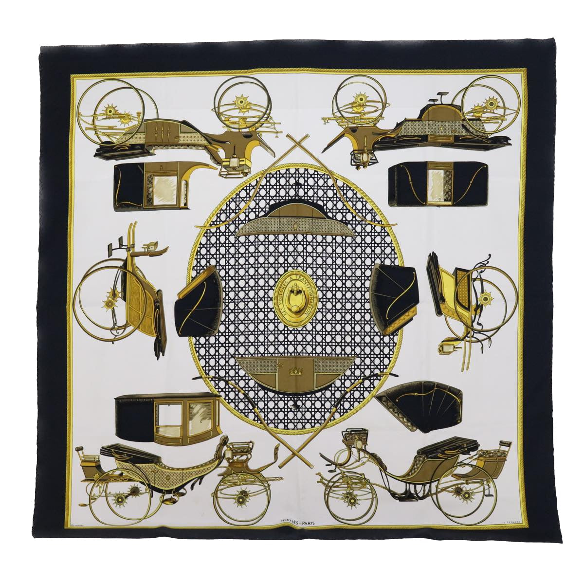 HERMES Carre 90 LES VOITURES A TRANSFORMATION Scarf Silk Black White Auth 55626