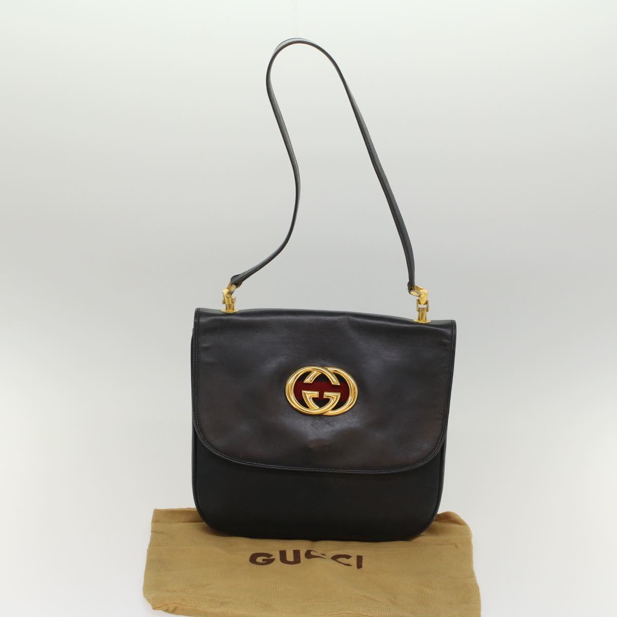 GUCCI Sherry Line Shoulder Bag Leather Black Red Navy Auth 55656