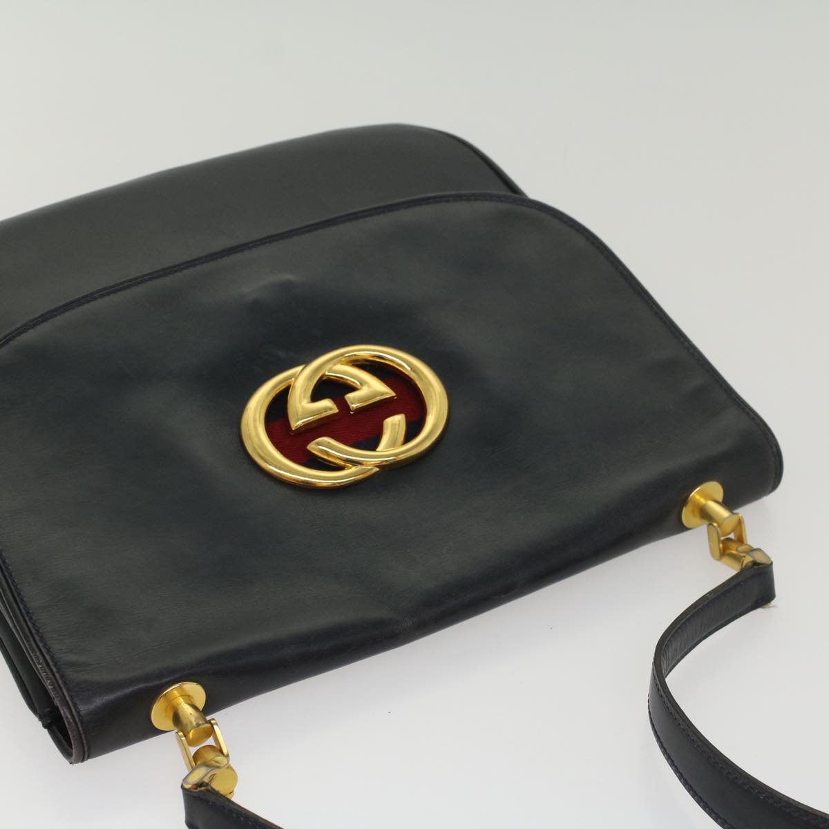 GUCCI Sherry Line Shoulder Bag Leather Black Red Navy Auth 55656