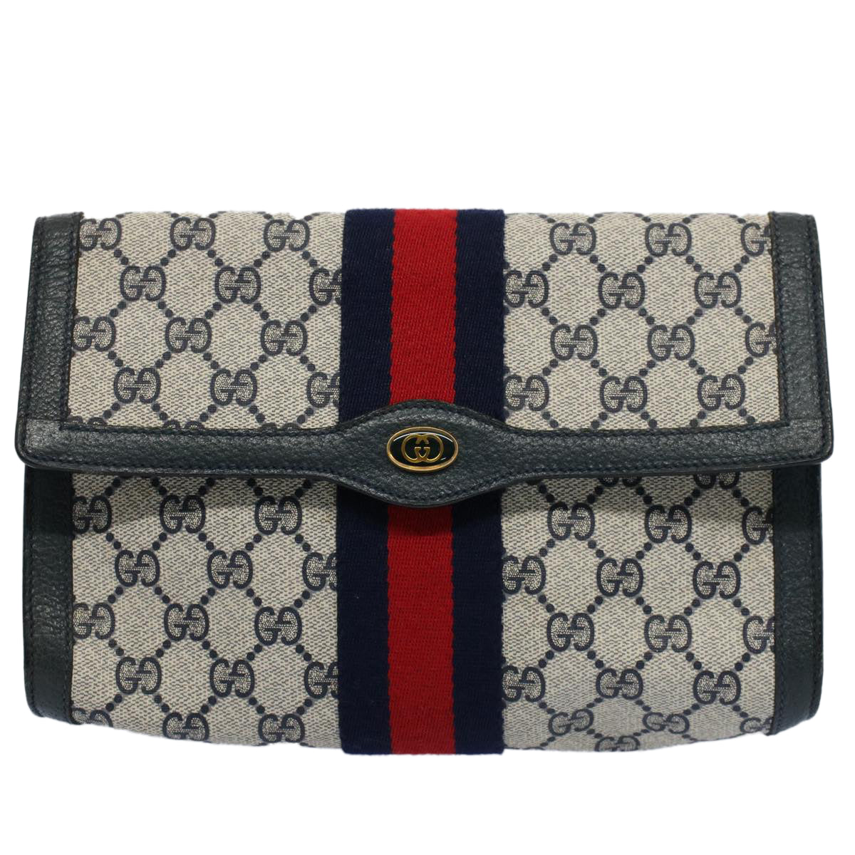 GUCCI GG Supreme Sherry Line Clutch Bag Gray Red Navy 89 01 006 Auth 55745