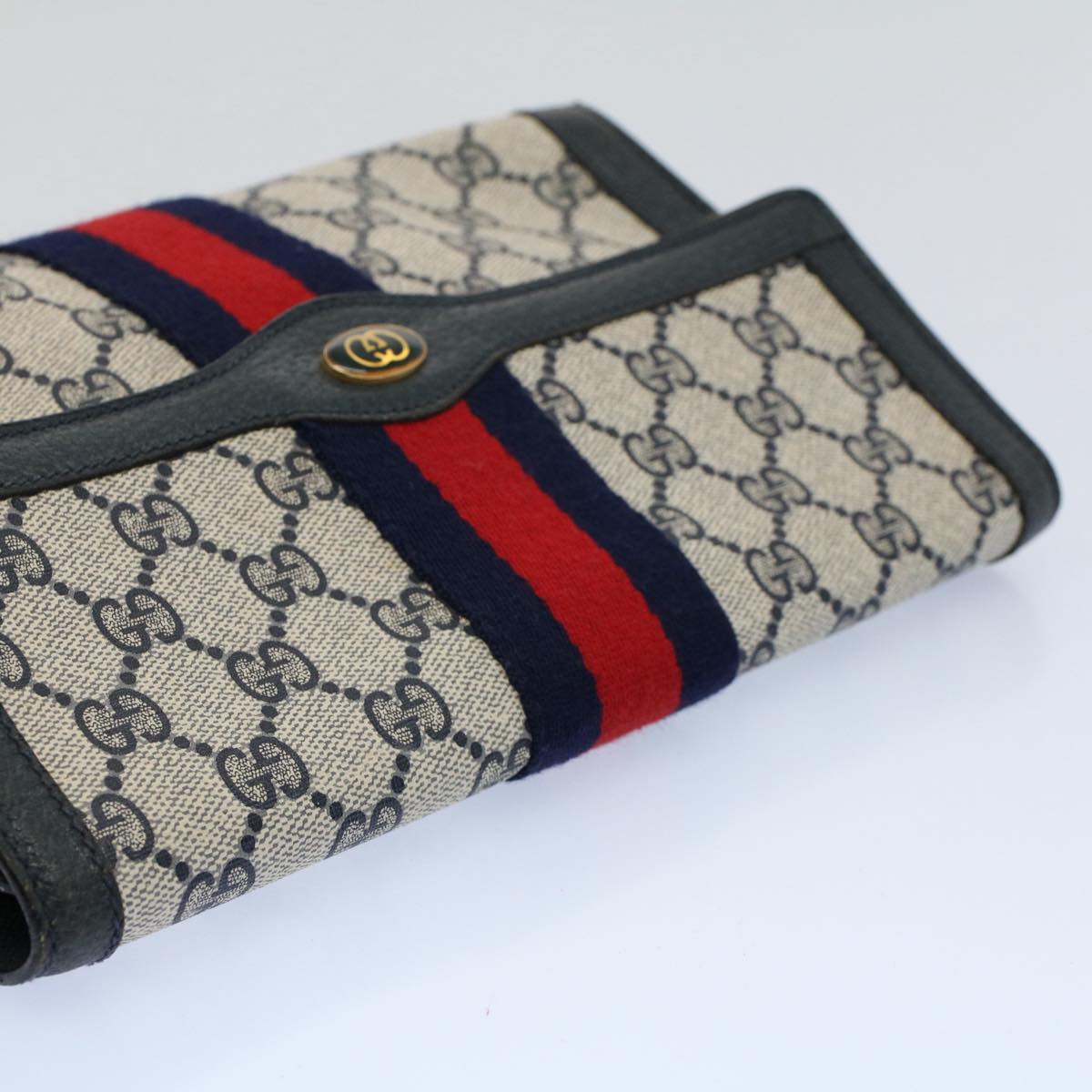 GUCCI GG Supreme Sherry Line Clutch Bag Gray Red Navy 89 01 006 Auth 55745