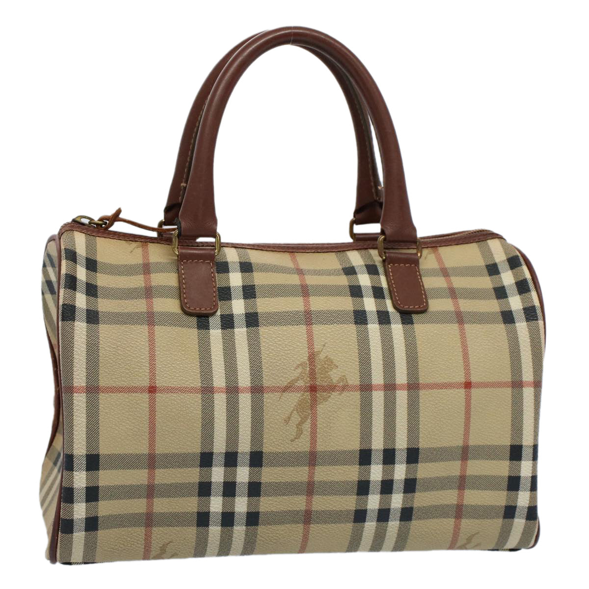 BURBERRY Nova Check Boston Bag PVC Leather Beige Auth 55747