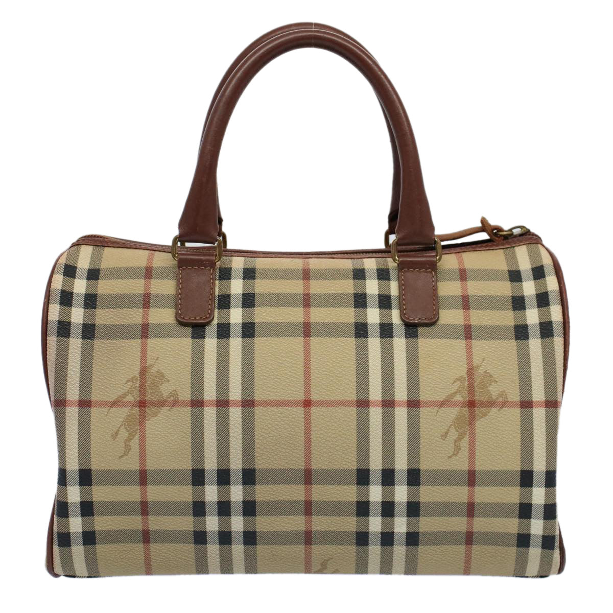 BURBERRY Nova Check Boston Bag PVC Leather Beige Auth 55747