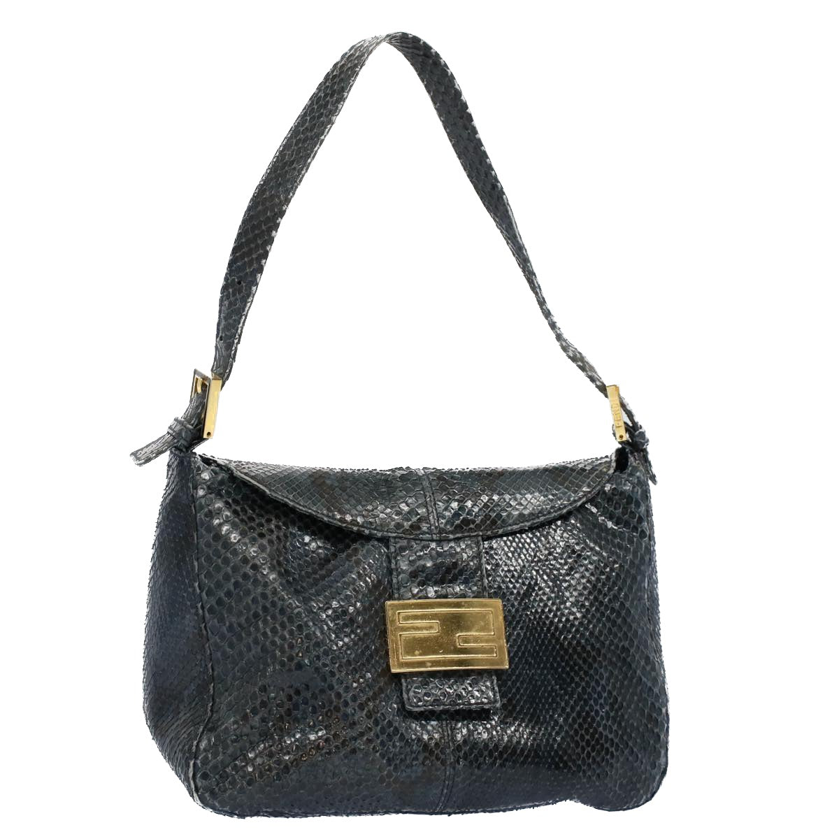 FENDI Snake Pattern Mamma Baguette Shoulder Bag Exotic leather Navy Auth 55750