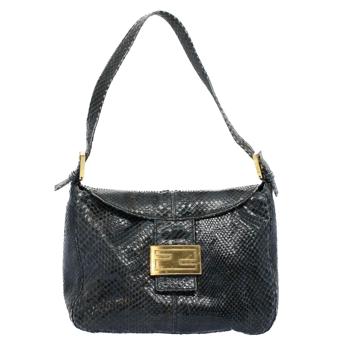 FENDI Snake Pattern Mamma Baguette Shoulder Bag Exotic leather Navy Auth 55750