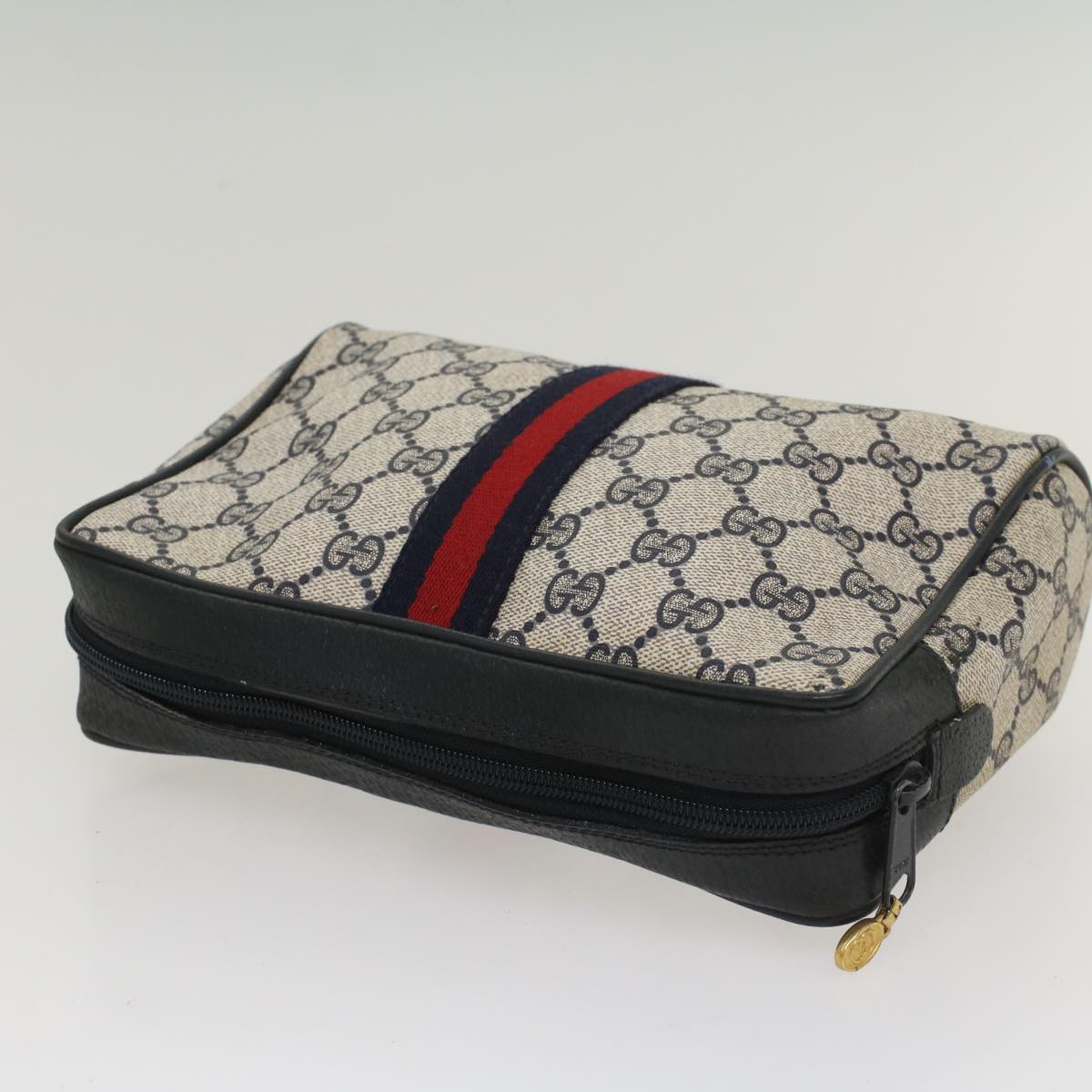 GUCCI GG Supreme Sherry Line Clutch Bag Gray Red Navy 63 01 012 Auth 55753