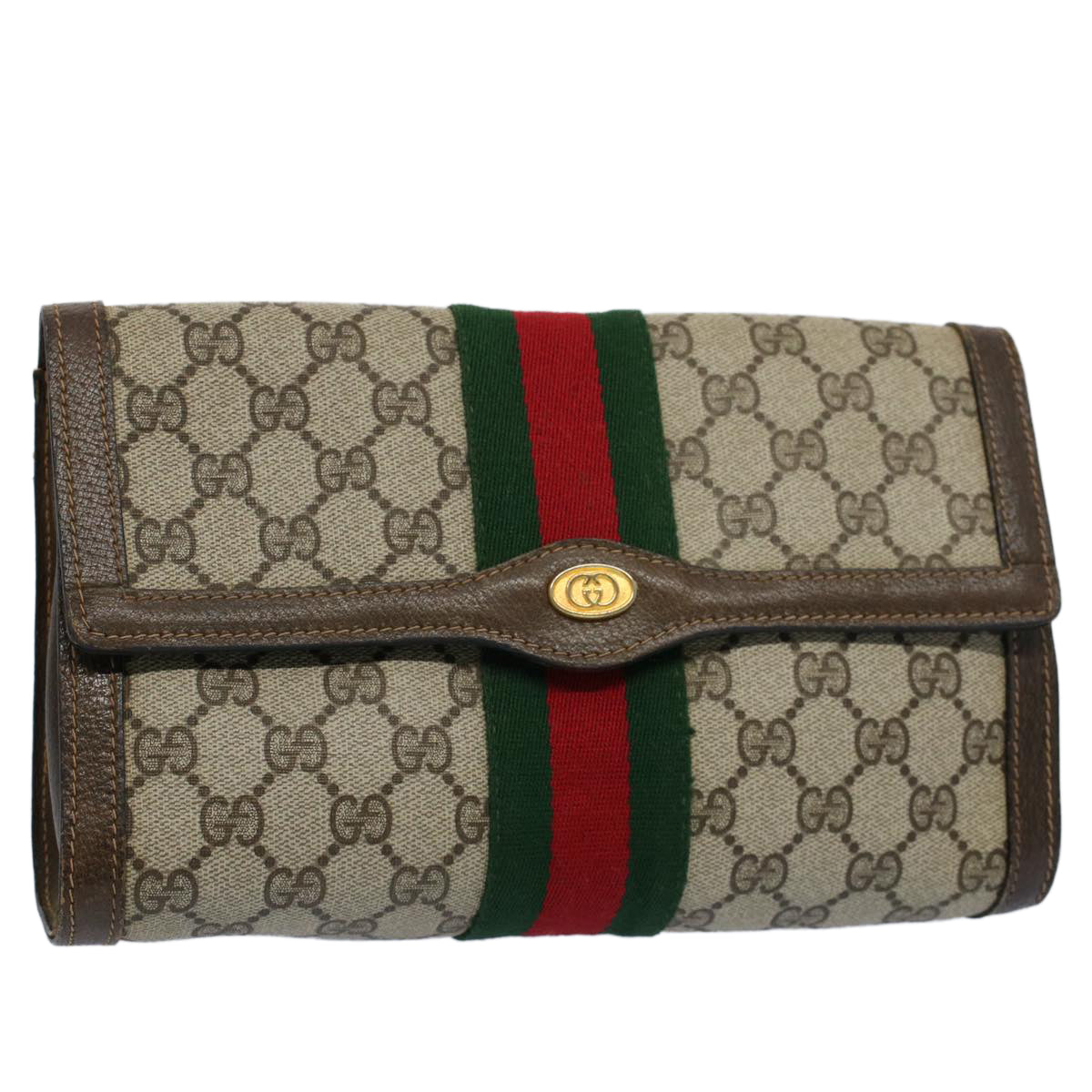 GUCCI GG Supreme Web Sherry Line Clutch Bag Beige Red 41 014 3087 25 Auth 55754