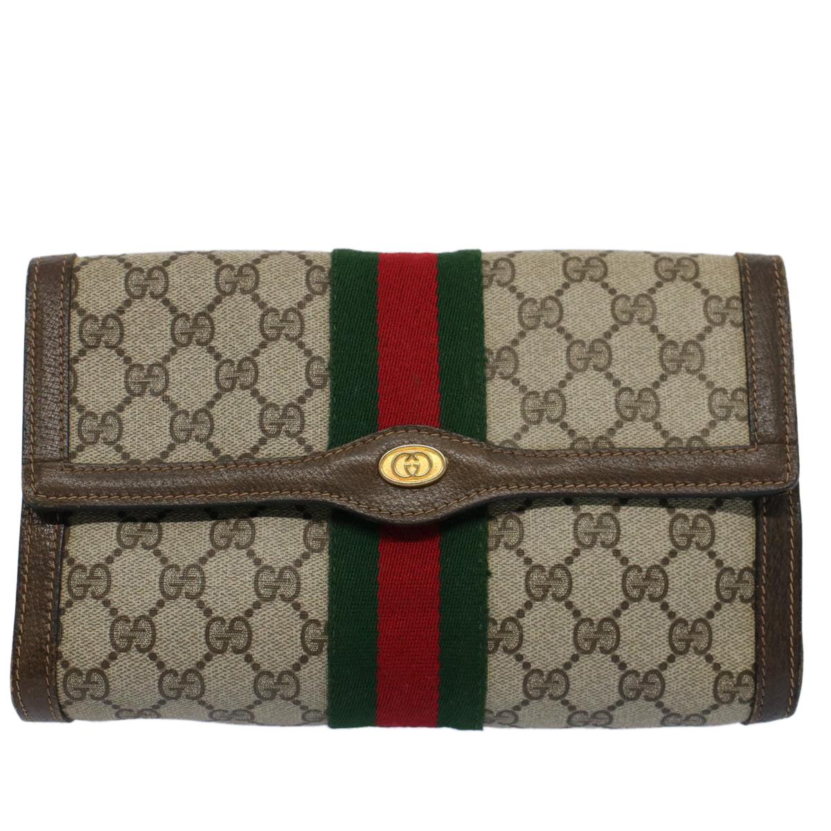 GUCCI GG Supreme Web Sherry Line Clutch Bag Beige Red 41 014 3087 25 Auth 55754 - 0