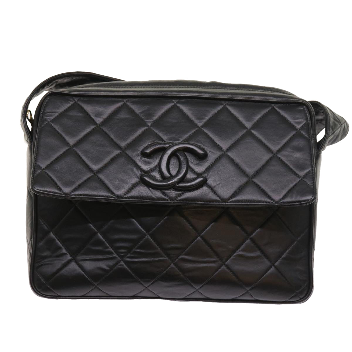 CHANEL Matelasse Shoulder Bag Lamb Skin Black CC Auth 55757