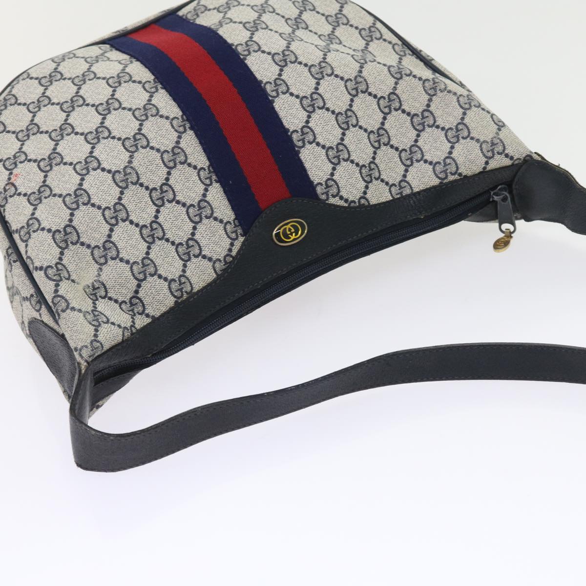 GUCCI GG Canvas Sherry Line Shoulder Bag PVC Leather Navy 10 12 3840 Auth 55760