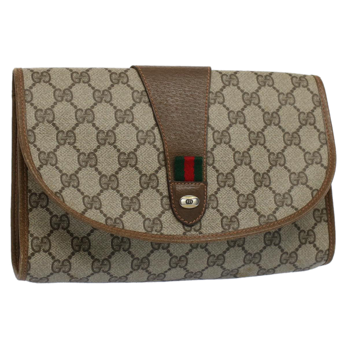 GUCCI GG Canvas Web Sherry Line Clutch Bag PVC Leather Beige Green Auth 55840