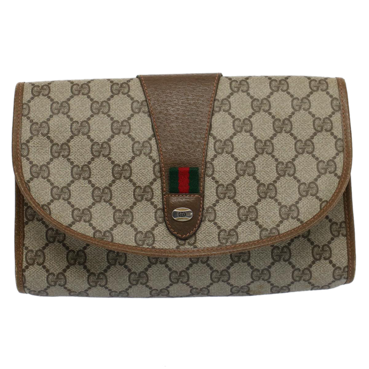 GUCCI GG Canvas Web Sherry Line Clutch Bag PVC Leather Beige Green Auth 55840 - 0