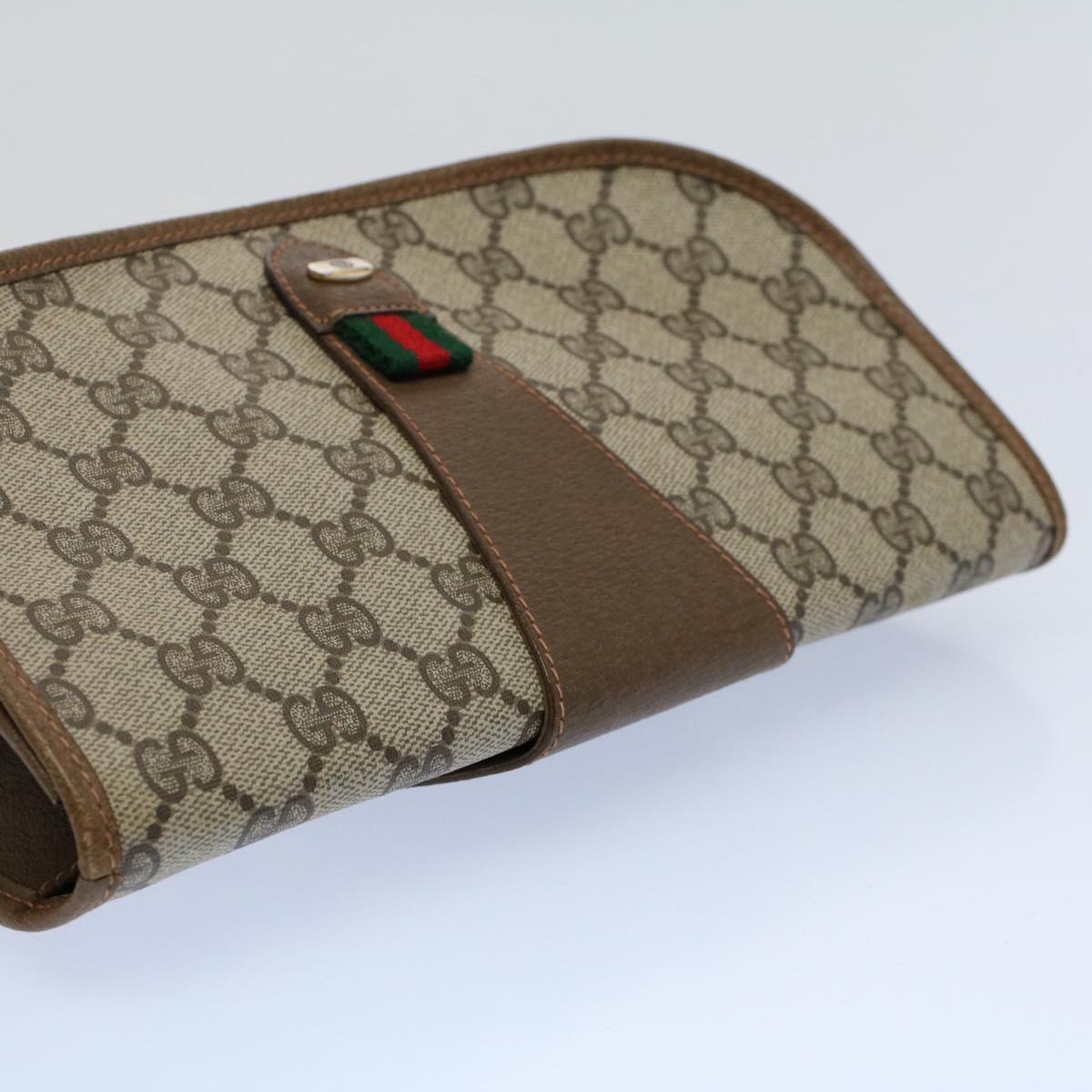 GUCCI GG Canvas Web Sherry Line Clutch Bag PVC Leather Beige Green Auth 55840