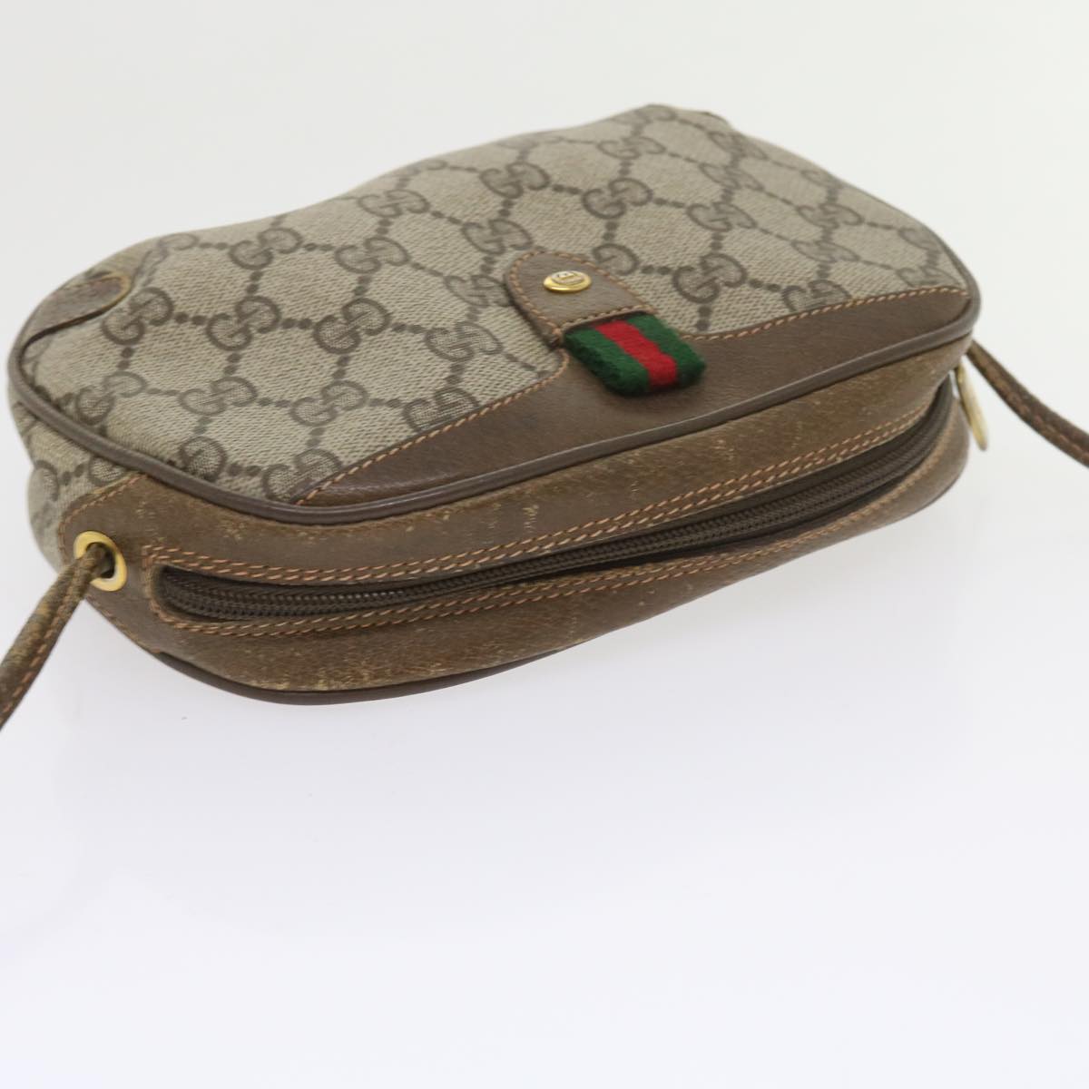 GUCCI GG Canvas Web Sherry Line Shoulder Bag PVC Leather Beige Red Auth 55892